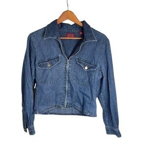 Limited Jeans Womens Vintage Cropped Denim Jacket Blue Medium Wash Zip Up Cotton